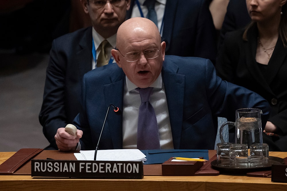 Vasily Nebenzia, Ambassador and Permanent Representative of Russia to the United Nations, speaks during a Security Council meeting at United Nations headquarters, on Friday, March. 22, 2024. (AP)