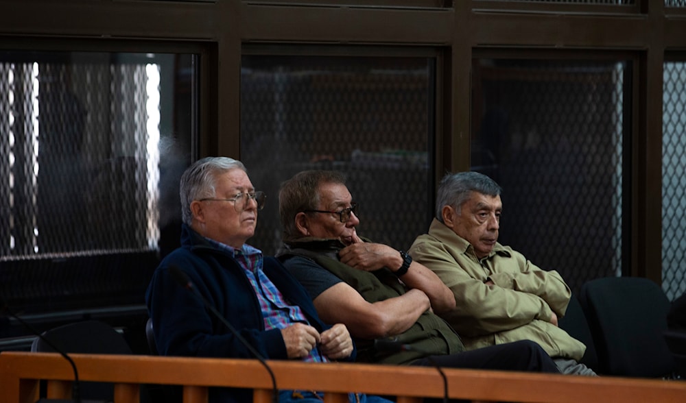 Former Guatemalan army commanders Benedicto Lucas Garcia, Manuel Callejas, and Cesar Octavio Noguera Argueta at a courtroom in Guatemala City, Monday, Nov. 25, 2019. (AP)