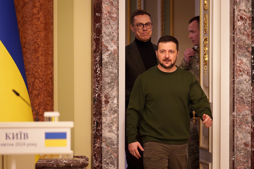 Finland's President Alexander Stubb, left, arrives for a press conference with Ukraine's President Volodymyr Zelensky in Kiev Ukraine, Wednesday, April 3, 2024. (AP)