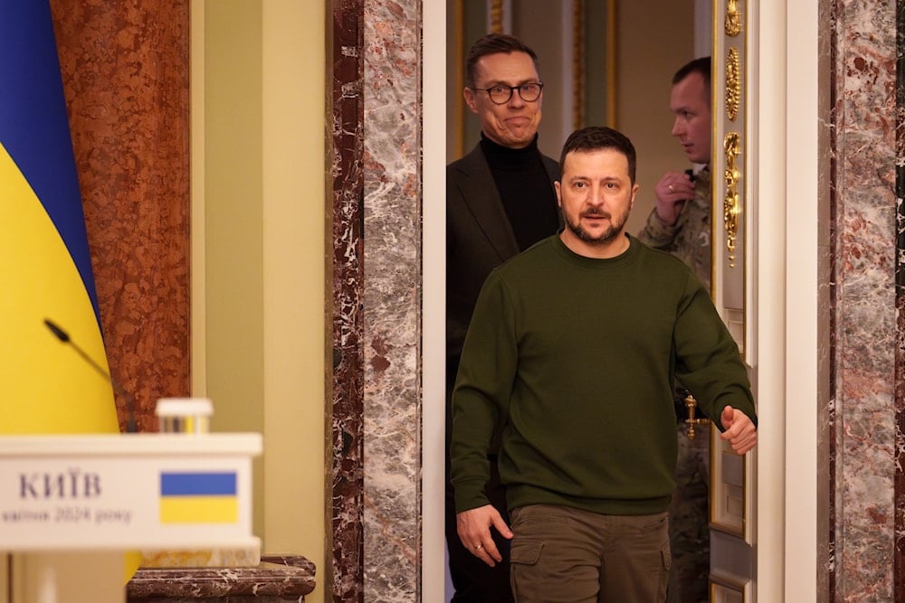 Finland's President Alexander Stubb, left, arrives for a press conference with Ukraine's President Volodymyr Zelensky in Kiev Ukraine, Wednesday, April 3, 2024. (AP)