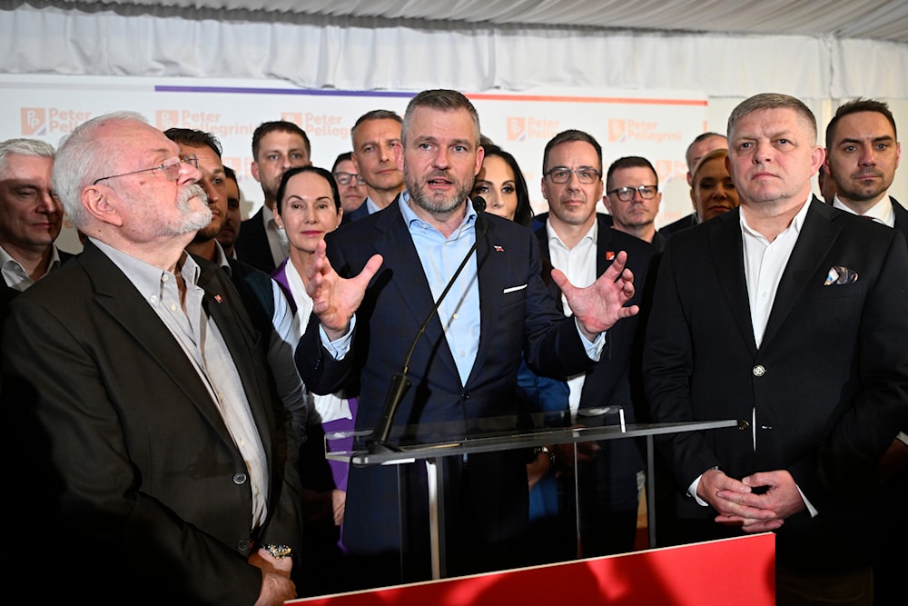 Presidential candidate Peter Pellegrini, centre, addresses supporters at his headquarters after a presidential runoff in Bratislava, Slovakia, Sunday, April 7, 2024. (AP)