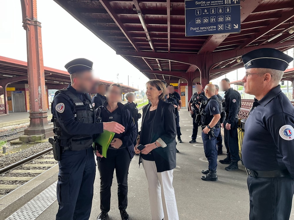 French police at the tram station for a control operation on the station platform and in the trams in Strasbourg, France on Wednesday, April 7, 2024. ( X / @Prefet67)