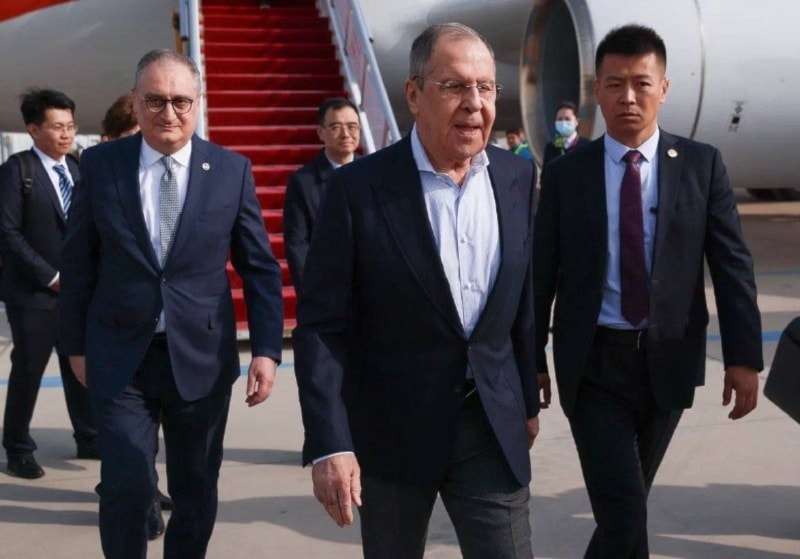 Russian Foreign Minister Sergey Lavrov arrives in Beijing on April 8, 2024. (Russian Foreign Ministry via Telegram) 