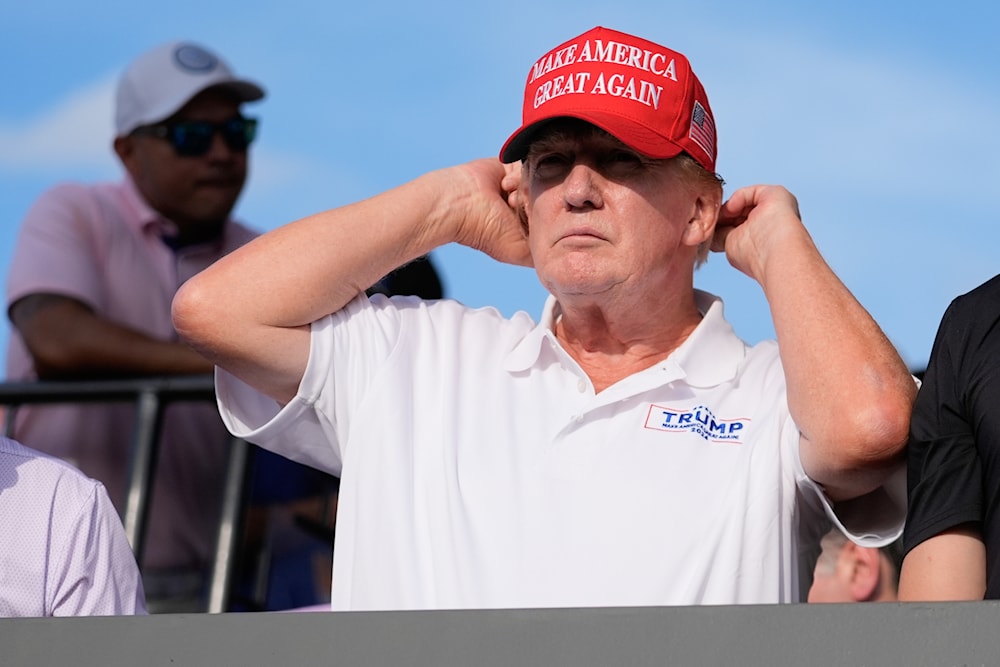 Republican presidential candidate former President Donald Trump during the final round of LIV Golf Miami, at Trump National Doral Golf Club, Sunday, April 7, 2024. (AP)