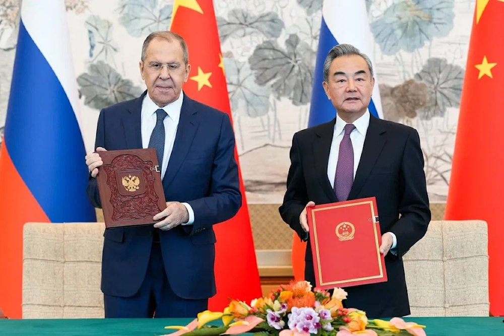 Following the negotiations in Beijing, Russian Foreign Minister Sergey Lavrov and Chinese Foreign Minister Wang Yi signed a plan for inter-Ministry of Foreign Affairs consultations for 2024 on April 8, 2024. (Russian Foreign Ministry via Telegram)