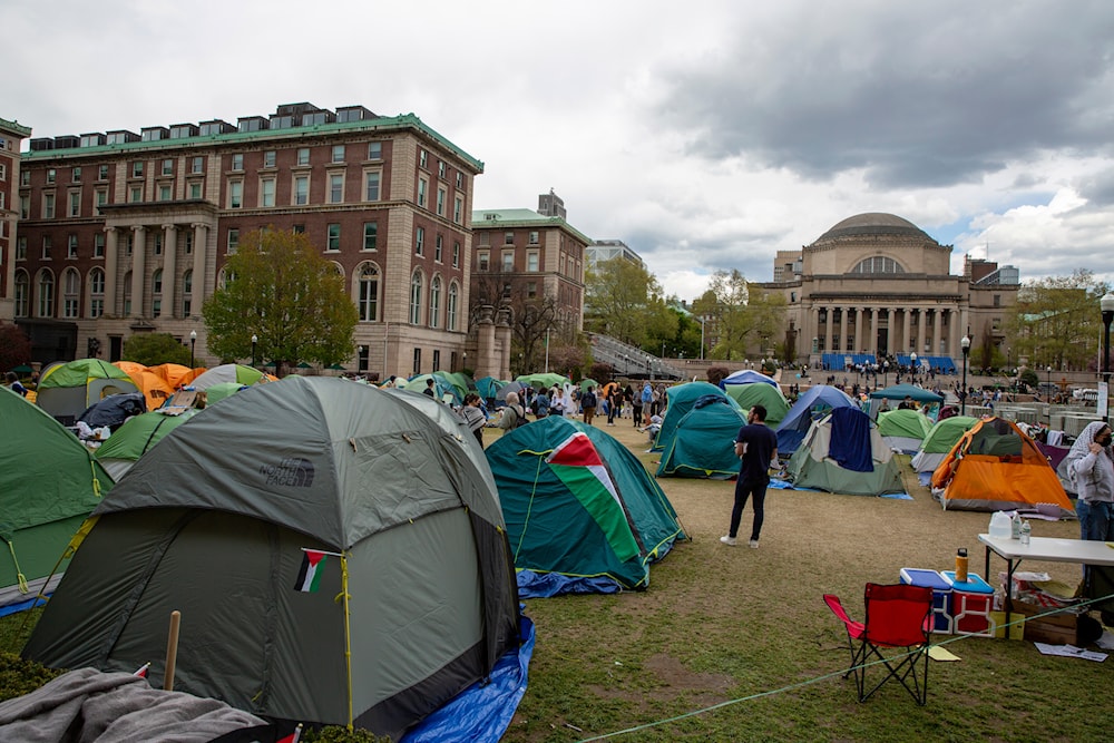 Students and other protesters are in a tent camp on the campus of Columbia University in New York on April 24, 2024. (AP)