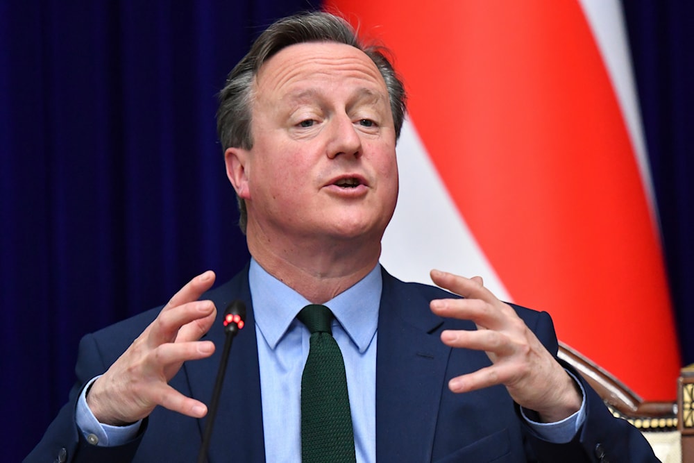 British Foreign Secretary David Cameron speaks during a joint news conference with Kyrgyzstan's Foreign Minister Jeenbek Kulubaev in Bishkek, Kyrgyzstan, on April 22, 2024. (AP)