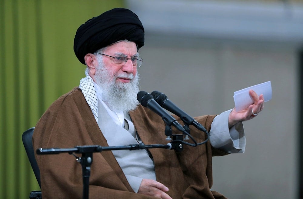 In this photo released by an official website of the office of the Iranian supreme leader, Supreme Leader Ayatollah Ali Khamenei speaks during a meeting with a group of school teachers in Tehran, Iran on May 1, 2024. (AP)