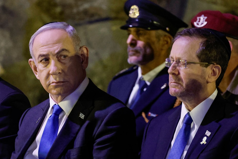 Israeli Prime Minister Benjamin Netanyahu and Israeli President Isaac Herzog, in the Hall of Remembrance on Monday, May 6, 2024. (AP)