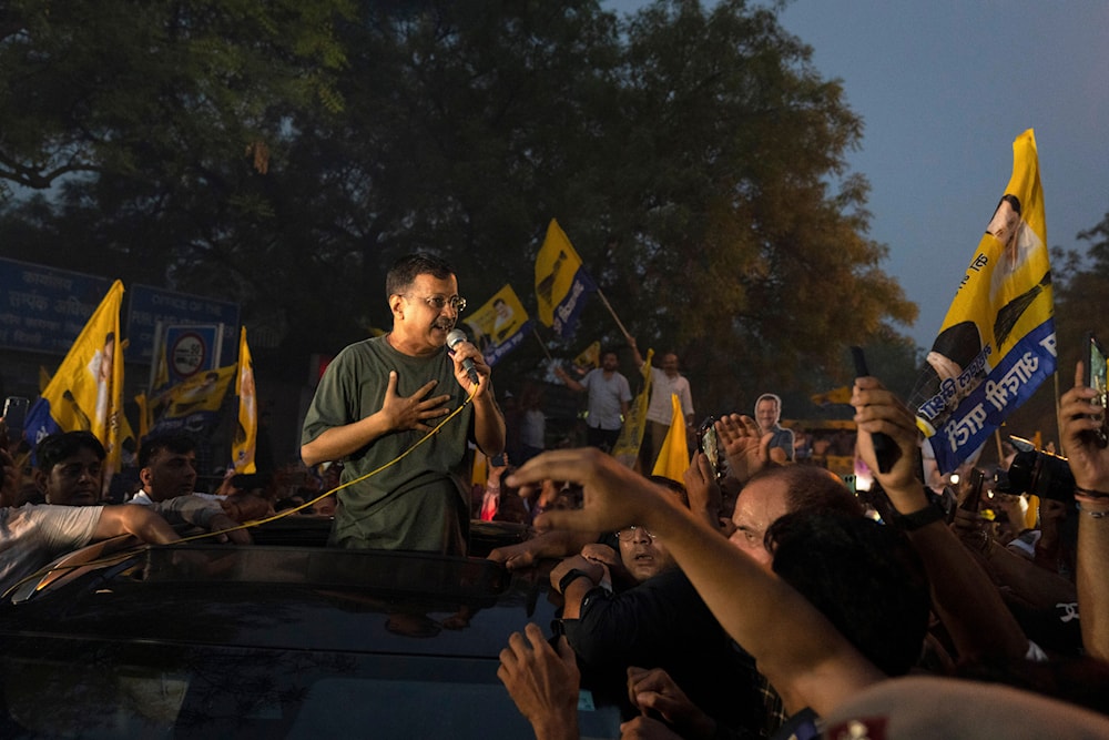 Aam Aadmi Party leader Arvind Kejriwal speaks to supporters after his release from Tihar Jail in New Delhi, India, Friday, May 10, 2024.  (AP)