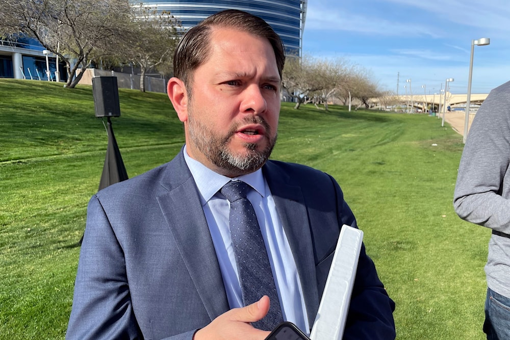 Rep. Ruben Gallego, D-Ariz., talks to reporters outside the Silicon Valley Bank office in Tempe, Ariz., Tuesday, March 14, 2023. (AP)