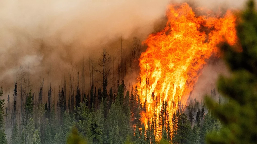 Flames from the Donnie Creek wildfire burn along a ridge top north of Fort St. John, British Columbia, Sunday, July 2, 2023. (AP)