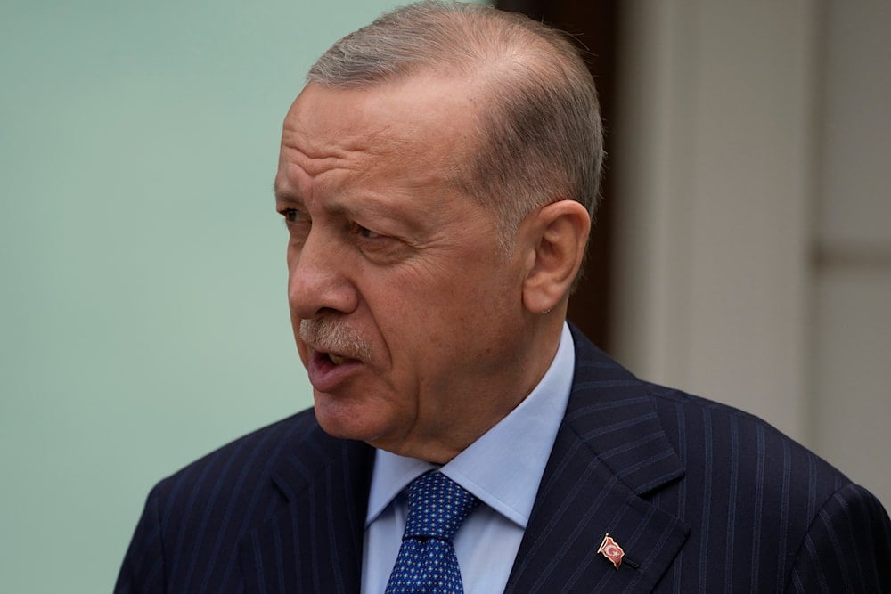 Turkish President Recep Tayyip Erdogan speaks to the media during a presser following the Friday noon prayer in Istanbul, Turkey, on May 3, 2024. (AP)