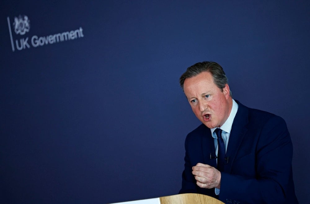 Britain's Foreign Secretary David Cameron delivers a speech at the National Cyber Security Centre in London, Thursday May 9, 2024. (AP)