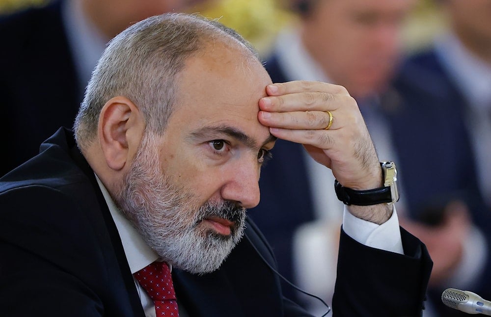 Armenian Prime Minister Nikol Pashinyan attends a meeting of the Supreme Eurasian Economic Council of the Eurasian Economic Union at the Kremlin in Moscow, Russia, on Wednesday, May 8, 2024. (AP)