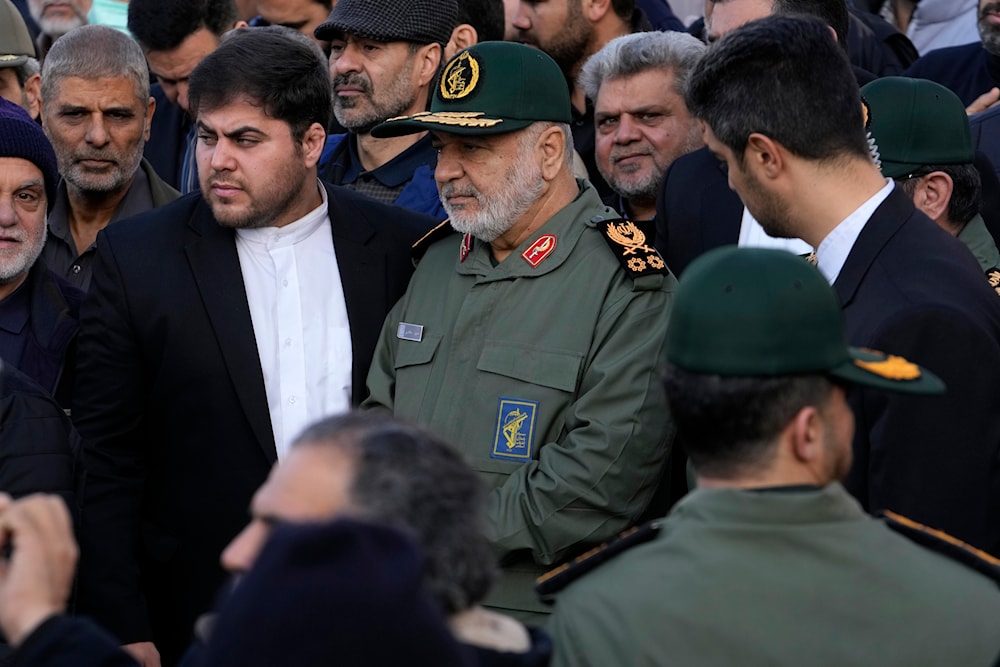 Chief of IRGC Gen. Hossein Salami attends the funeral ceremony of the Guard's members, who were killed in an air strike in Syria, in Tehran, Iran, Monday, Jan. 22, 2024. (AP)