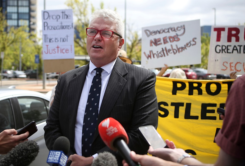 Defendant David McBride talks to the media before his court appearance in Canberra, Australia, on Friday, Feb. 14, 2020. (AP)