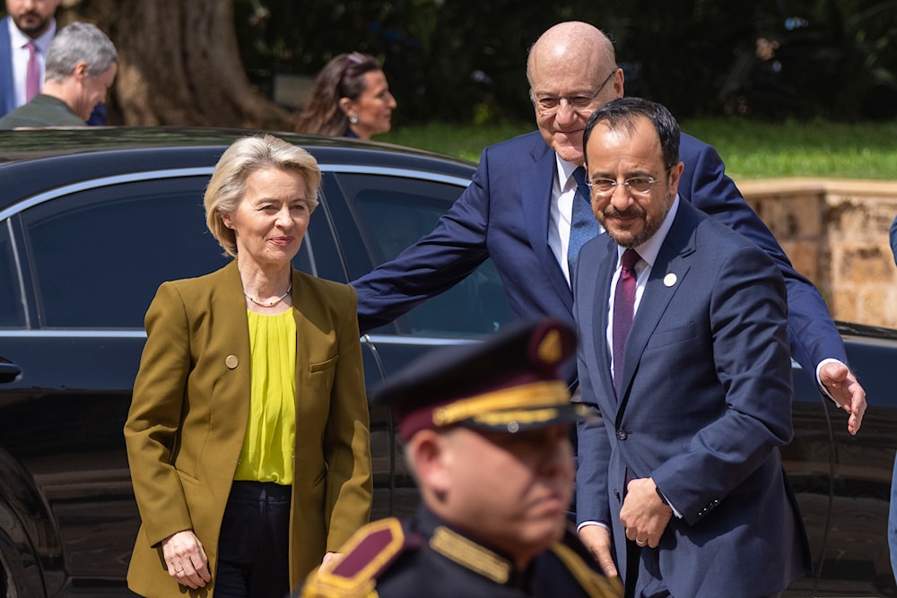 Lebanese caretaker Prime Minister Najib Mikati, center, welcomes Cyprus' president Nikos Christodoulides, right, and Ursula von der Leyen, President of the European Commission at the government palace, in Beirut, Lebanon, Thursday, May 2, 2024.(AP)