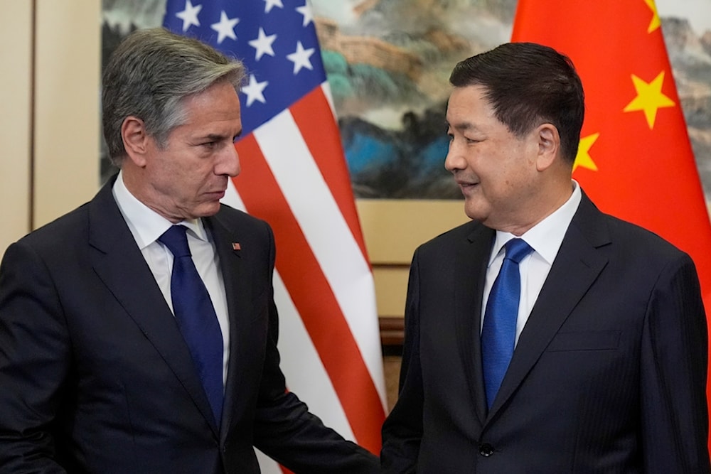 US Secretary of State Antony Blinken meets with China's Minister of Public Security Wang Xiaohong at the Diaoyutai State Guesthouse, Friday, April 26, 2024, in Beijing, China. (AP)
