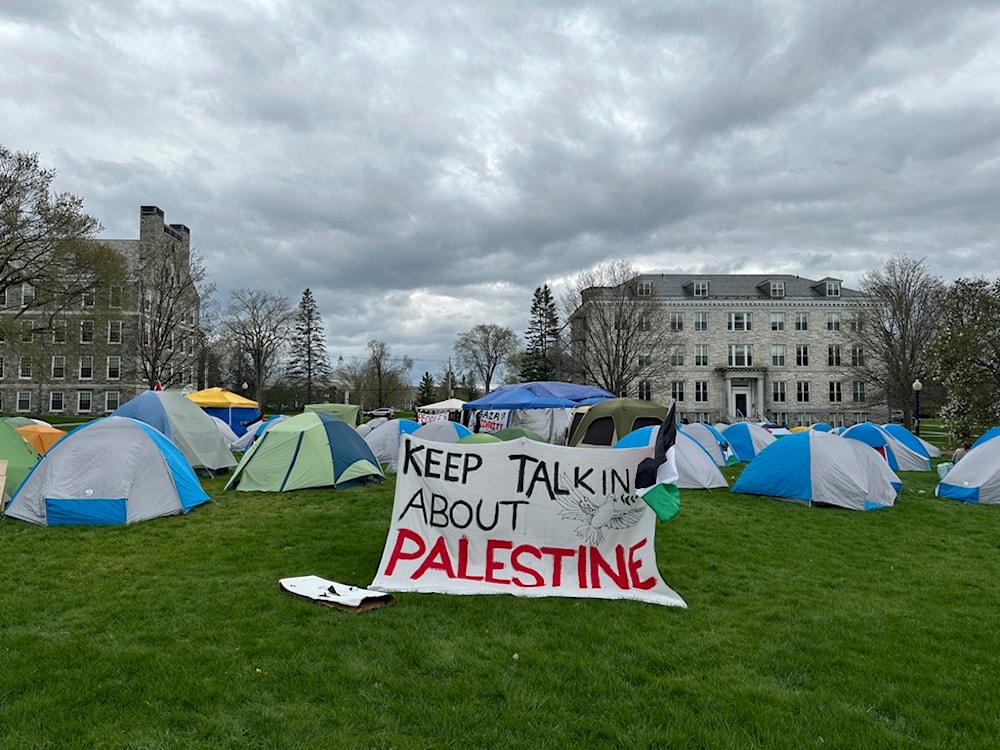 A student encampment is shown at Middlebury College as they protest the Israel-Hamas war in Middlebury, Vt., on Thursday, May 2, 2024. (AP Photo/Lisa Rathke)