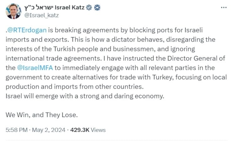 A screenshot of the Israeli minister of foreign affairs on X (X)