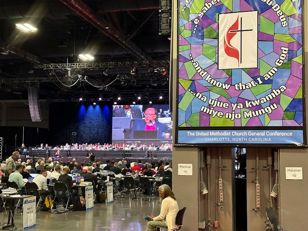 Michigan Bishop David Bard presides at a session of the General Conference of the United Methodist Church on Tuesday, April 30, 2024, in Charlotte, N.C. (AP)