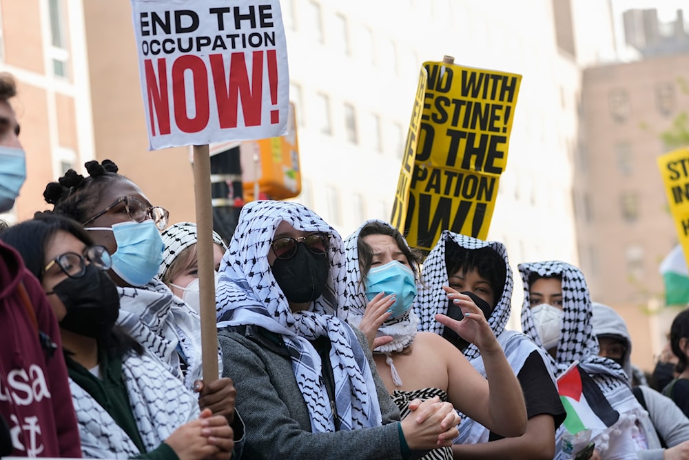 Protesters demonstrate against the war in Gaza outside the entrance to the campus of Columbia University, Tuesday, April 30, 2024, in New York.(AP)