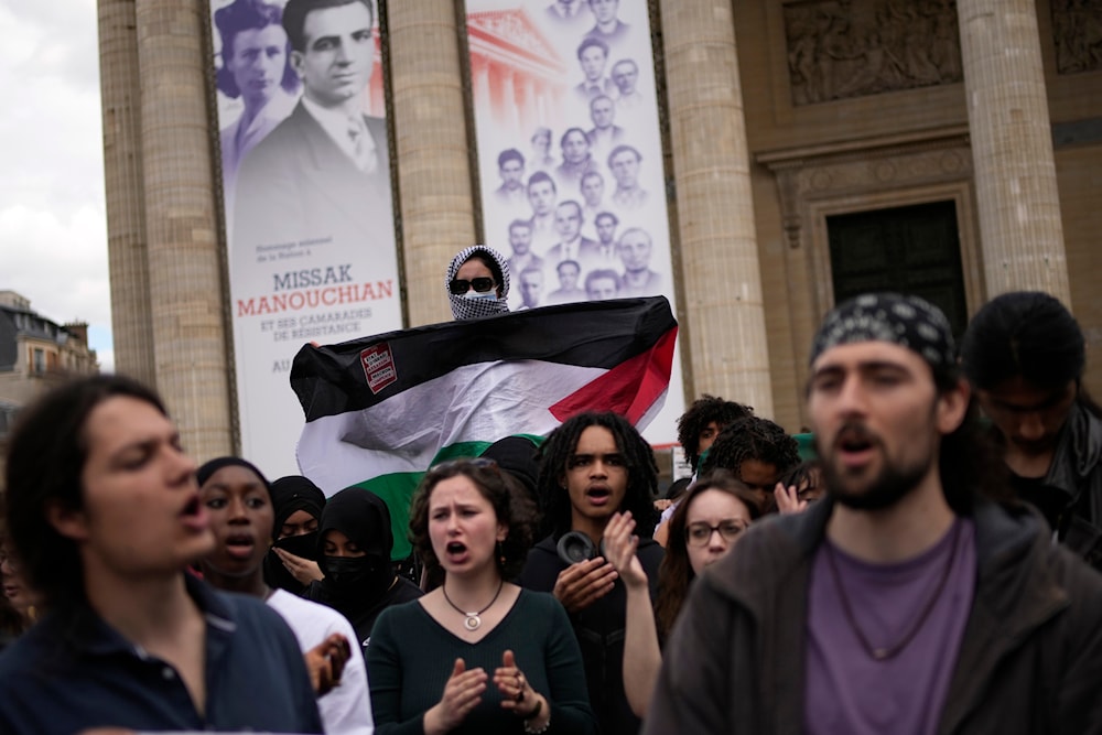 Students demonstrate outside the Pantheon monument on Friday, May 3, 2024, in Paris. (AP)