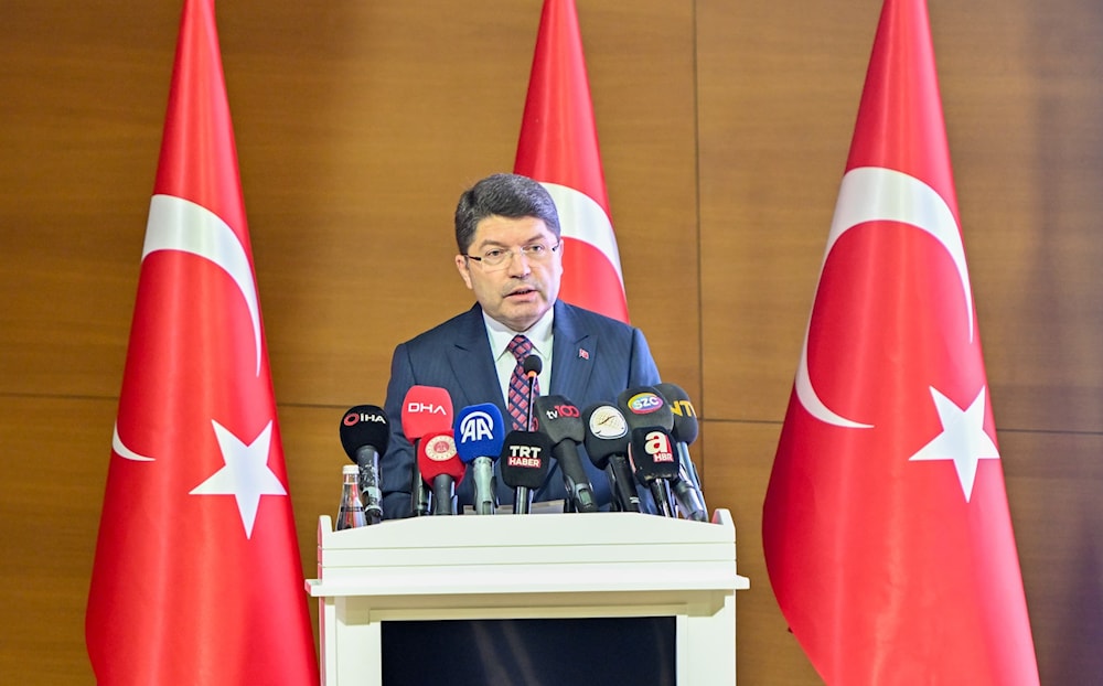 Turkish Justice Minister Yilmaz Tunc giving a speech in Turkey on April 29, 2024. (AP)