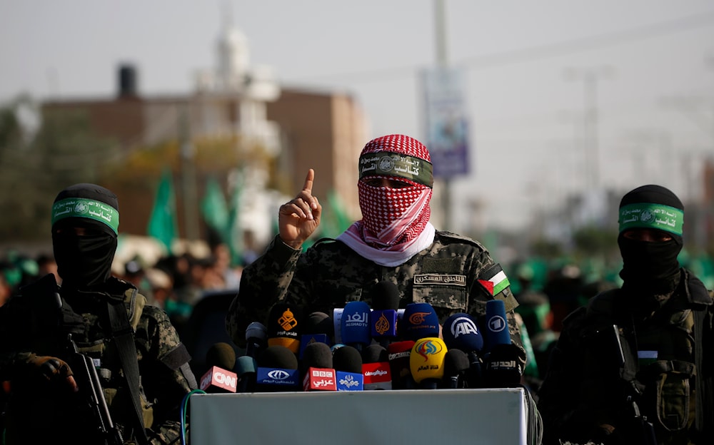 A spokesperson for the Hamas movement talks to the press in the town of Khan Younis, southern Gaza Strip, Monday, Nov. 11, 2019. (AP)