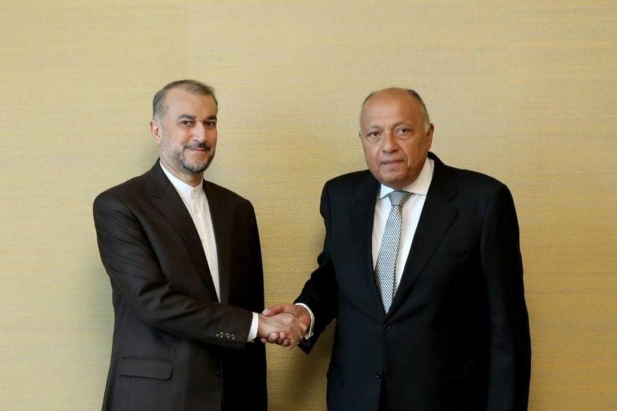 Iranian Foreign Minister Hossein Amir-Abdollahian shaking the hand of his Egyptian counterpart Sameh Shoukry at Geneva on February 27, 2024. (Islamic Republic of Iran Ministry of Foreign Affairs) 
