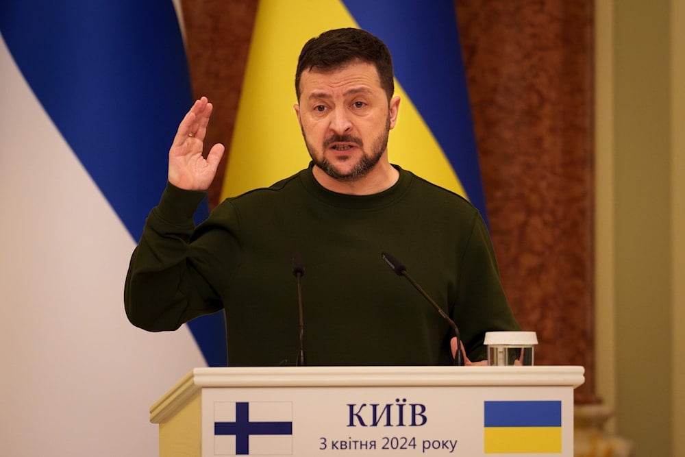 Ukraine's President Volodymyr Zelenskyy gestures during a press conference with Finland's President Alexander Stubb, in Kiev, Ukraine, Wednesday, April 3, 2024.(AP)