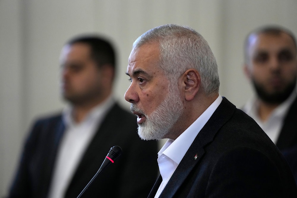 Hamas chief Ismail Haniyeh speaks during a press briefing after his meeting with Iranian Foreign Minister Hossein Amirabdollahian in Tehran, Iran, Tuesday, March 26, 2024. (AP)