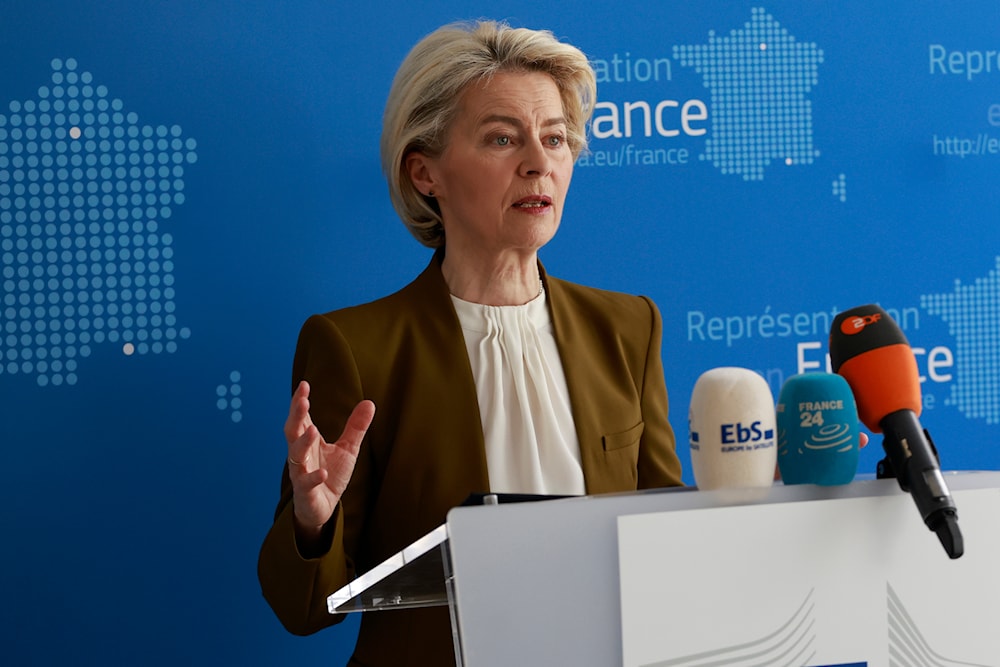 European Commission President Ursula von der Leyen delivers her speech after a meeting with French President Emmanuel Macron and China's President Xi Jinping, Monday, May 6, 2024 in Paris. (AP)