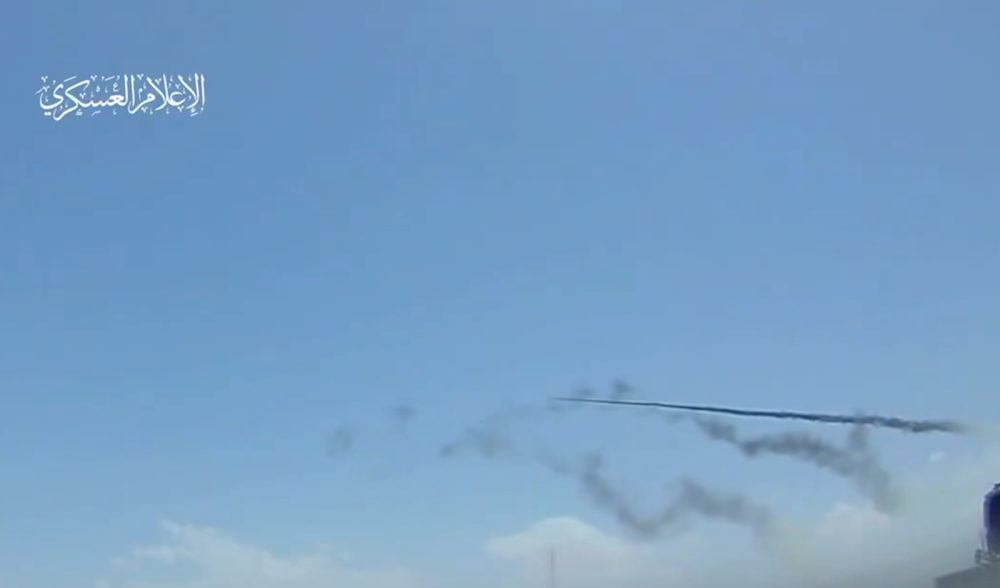 Screengrab from the military media footage showing the launch of missiles during the Karem Abu Salem operation on May 5, 2024. (Military media)