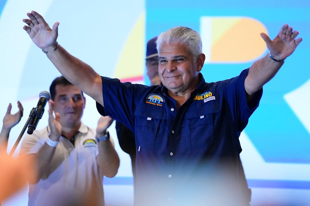 Presidential candidate Jose Raul Mulino, of the Achieving Goals party, celebrates after winning on the day of the general electing in Panama City, May 5, 2024. (AP)