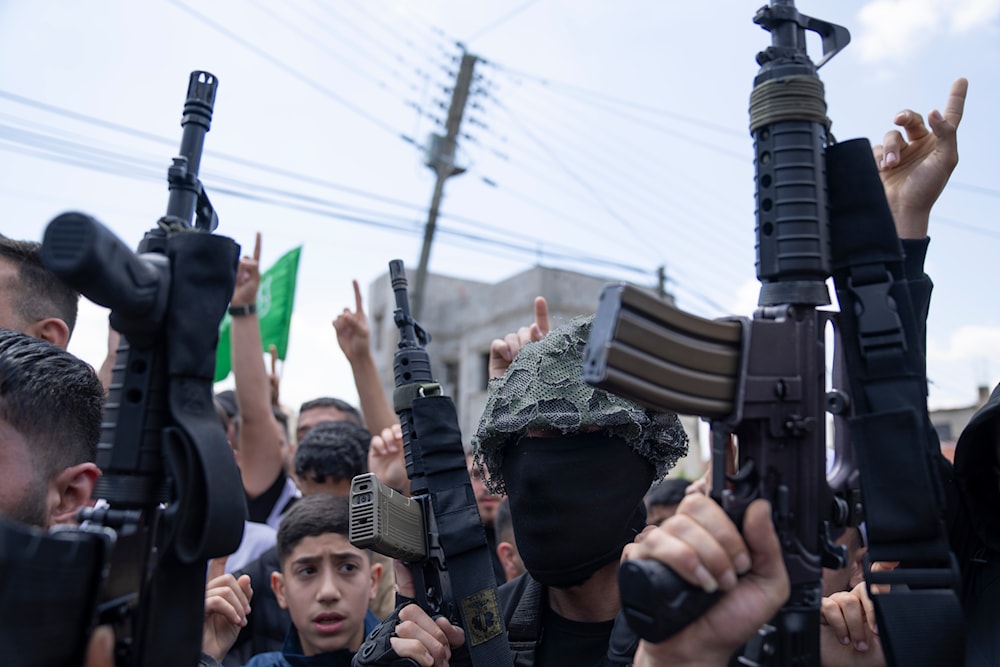 Palestinians take part in the funeral of Hamas local commander Mohammad Daraghmeh, 26, in the West Bank city of Tubas, occupied Palestine, April 12, 2024 (AP)