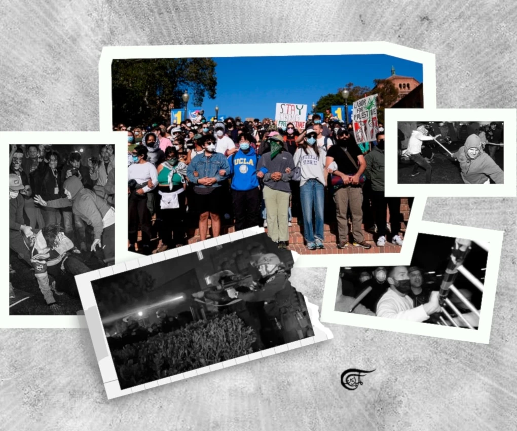 One day before the mob attack, pro-Israeli bullies harassed and called the protesters "animals" and yelled at a black student, "go listen to your master." (Al Mayadeen English; Illustrated by Zeinab El-Hajj)