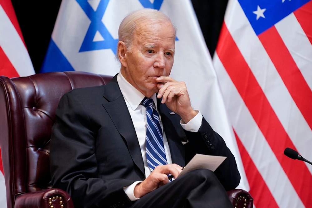 President Joe Biden listens as he and Israeli Prime Minister Benjamin Netanyahu participate in an expanded bilateral meeting with Israeli and U.S. government officials, Wednesday, Oct. 18, 2023, in Tel Aviv. (AP)