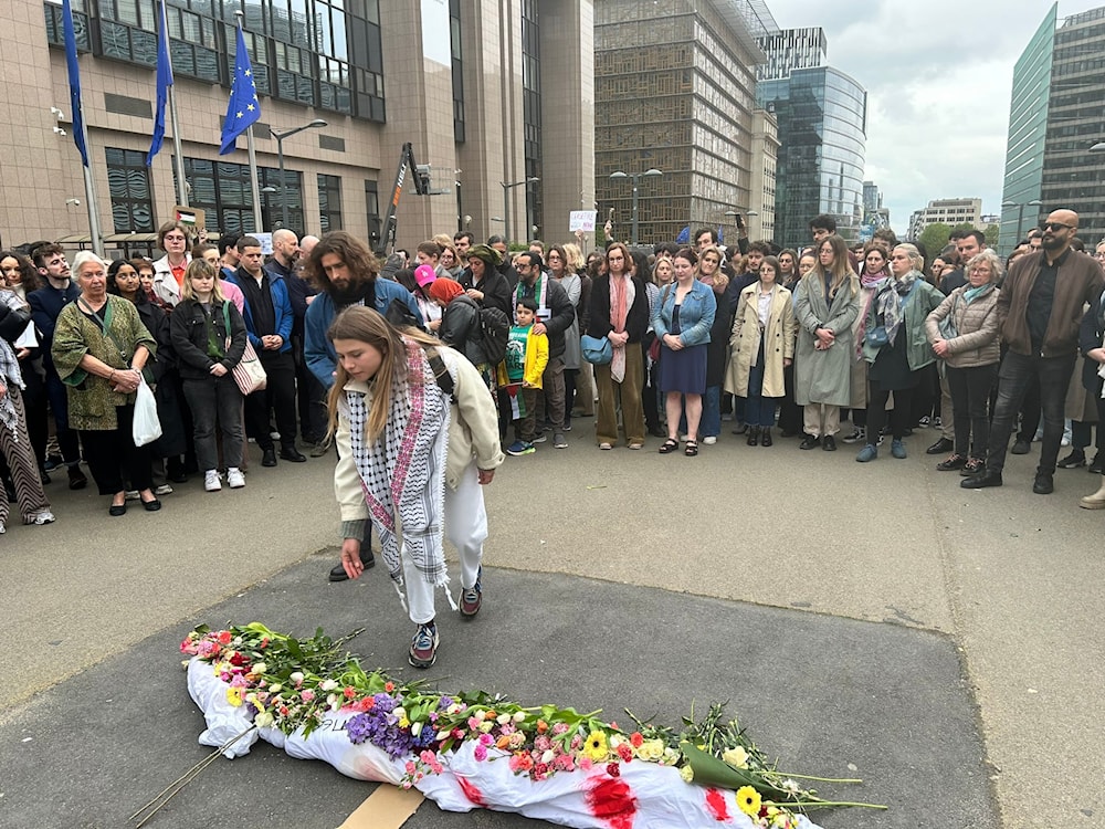  EU staff hold a ceremony in the center of Schuman in between the EU institutions in protest against the EU’s inaction on the genocide in Gaza, Brussels, Belgium, May 8, 2024 (Social media)