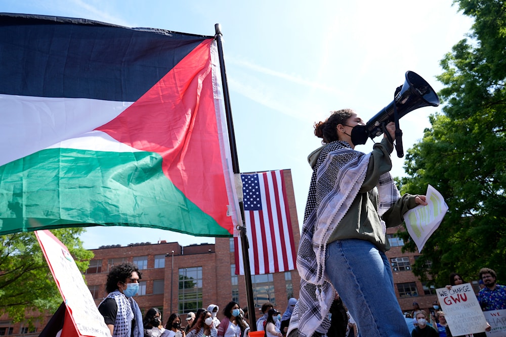 Demonstrators hold a mock trial on the campus of George Washington University in Washington, Friday, May 3, 2024, to protest the Israeli war on Gaza (AP)