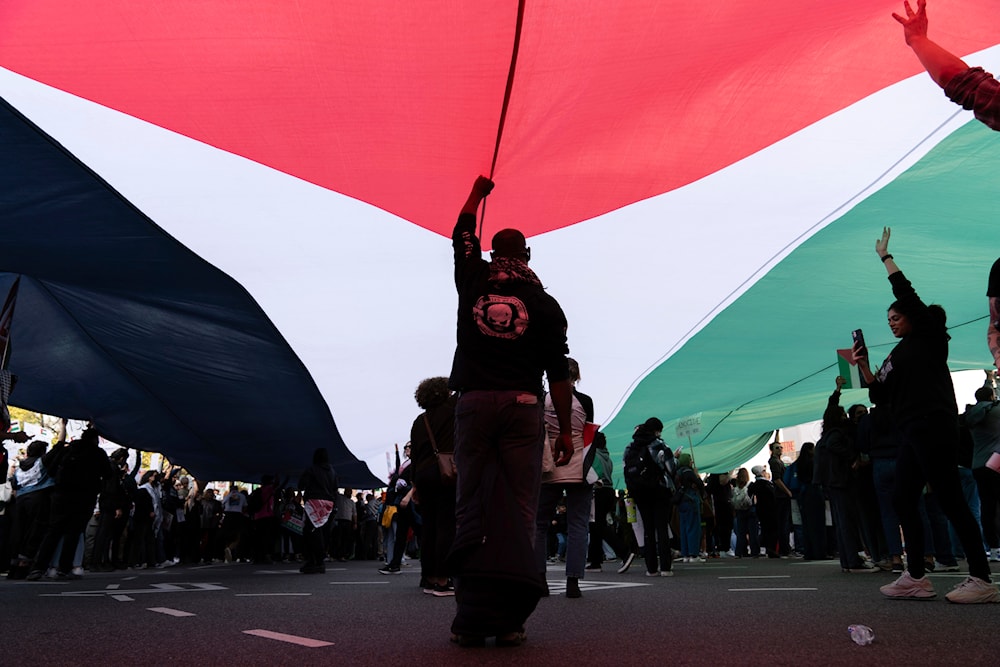 Anti-war activists hold a Palestinian flag during a pro-Palestinian demonstration asking for a cease-fire in Gaza, at Freedom Plaza in Washington, Saturday, Nov. 4, 2023. (AP)