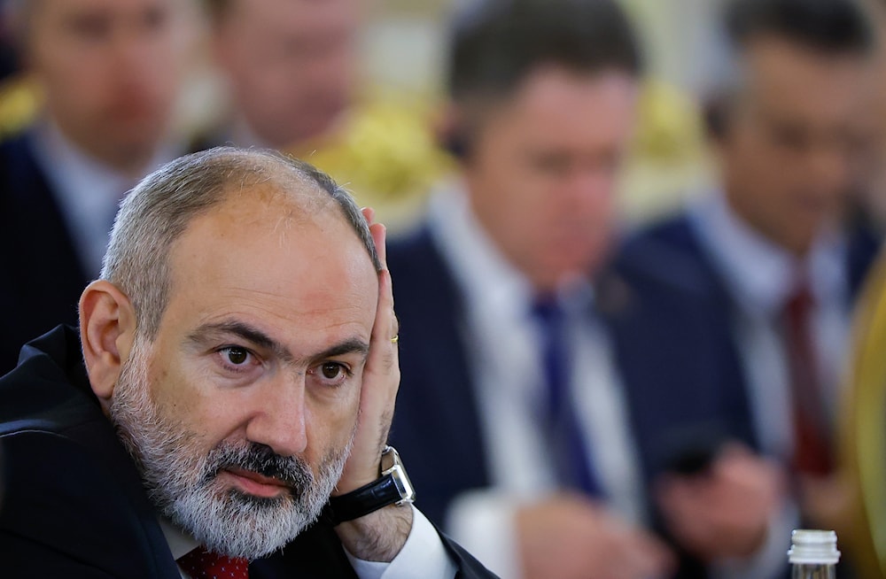 Armenian Prime Minister Nikol Pashinyan attends a meeting of the Supreme Eurasian Economic Council of the Eurasian Economic Union at the Kremlin in Moscow, Russia, May 8, 2024 (AP)