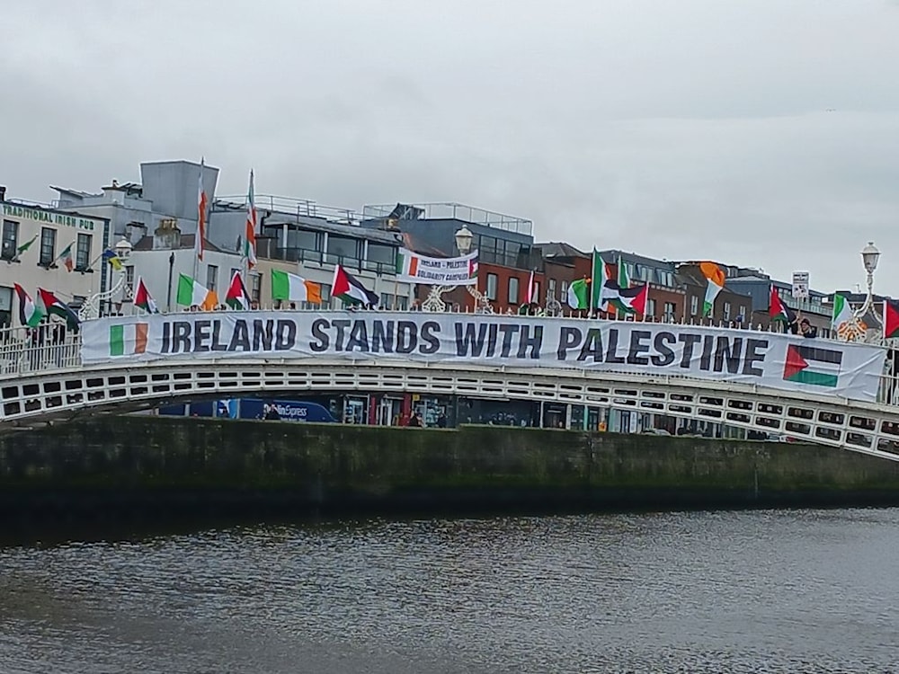 Thousands protest in Dublin to line the banks of the river Liffey in solidarity with the people of Palestine on March 16, 2024. (Social Media)