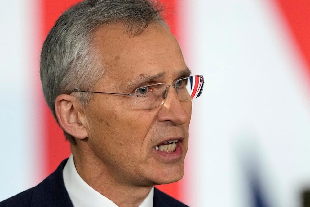 NATO Secretary General Jens Stoltenberg addresses a press conference at the Warsaw Armoured Brigade in Warsaw, Poland, Tuesday, April 23, 2024.(AP Photo/Alastair Grant, Pool)