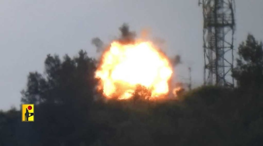The Islamic Resistance in Lebanon bombs the Israeli Hadab al-Bustan military site on May 7, 2024 (Military Media)
