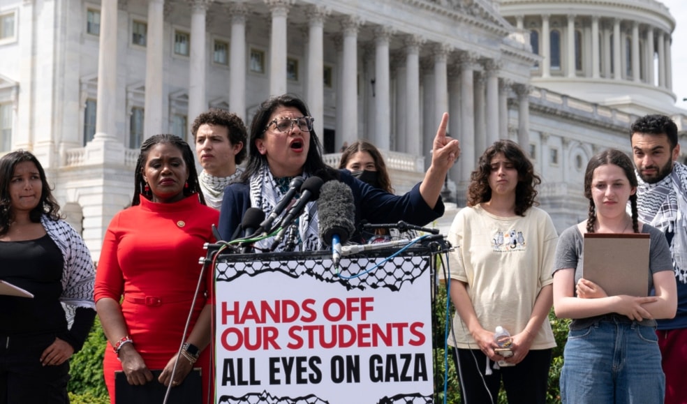 Rep. Rashida Tlaib, D-Mich., accompanied by George Washington University students speaks during a news conference at the U.S. Capitol, Wednesday, May 8, 2024 (AP)