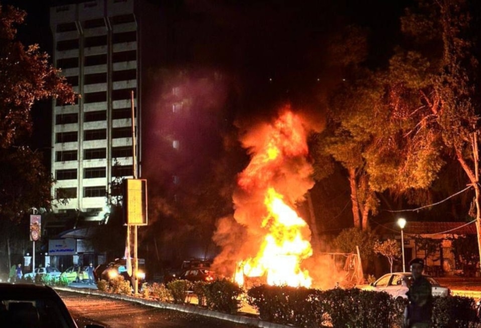 A vehicle is seen ablaze in the Mezzeh neighborhood in the Syrian capital of Damascus,  October 1, 2024 (Social media)