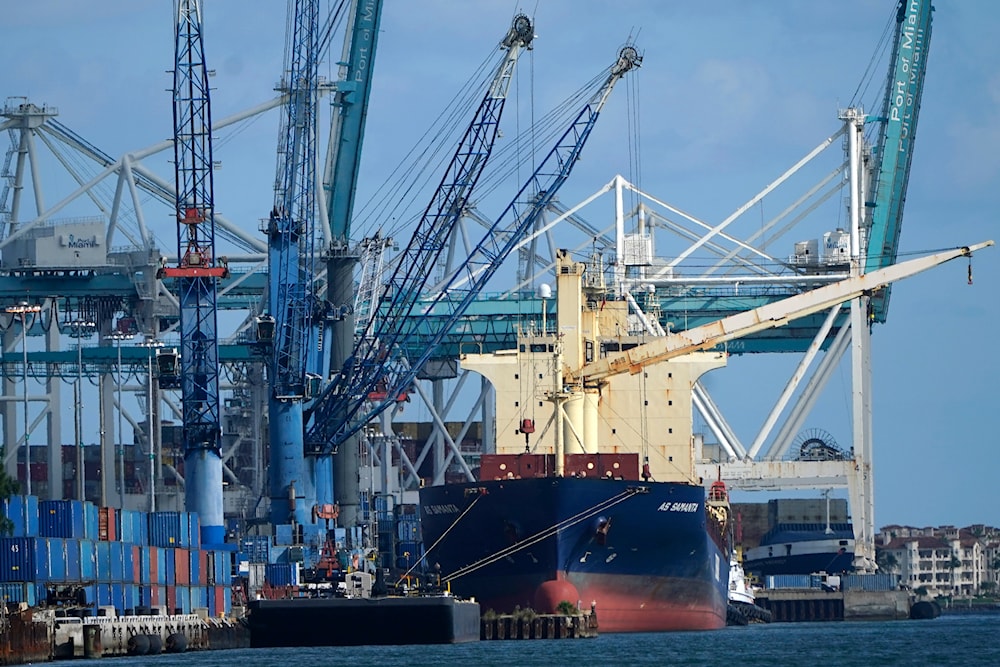 A container ship is docked at PortMiami, on October 19, 2021, in Miami. (AP)