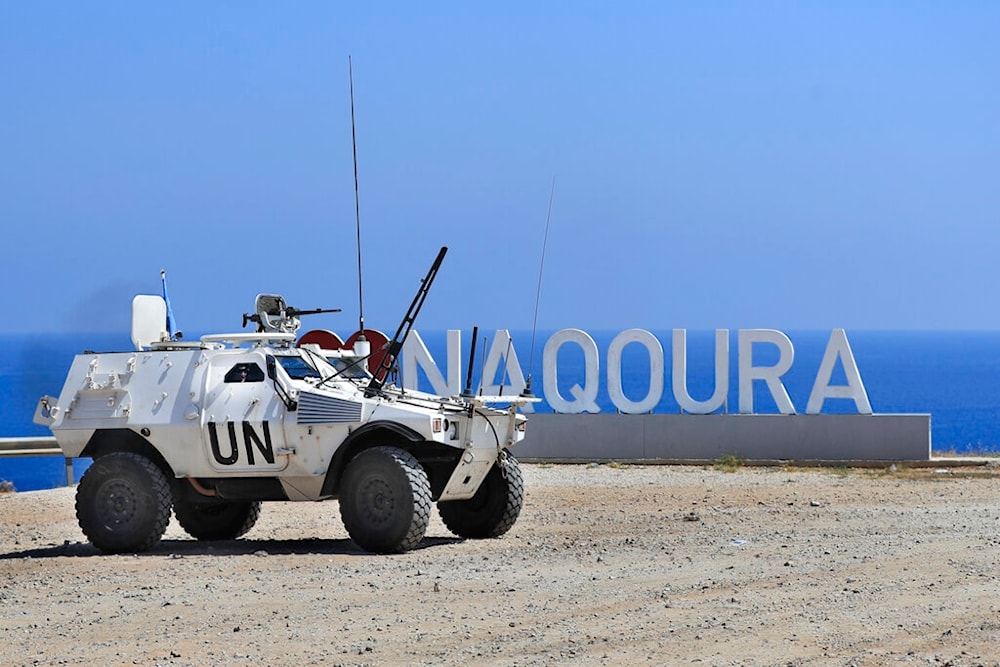 A United Nations Interim Force In Lebanon (UNIFIL) peacekeeping force vehicle patrols in the southern coastal border Lebanese town of Naqoura, Lebanon, Monday, June 6, 2022. (AP)